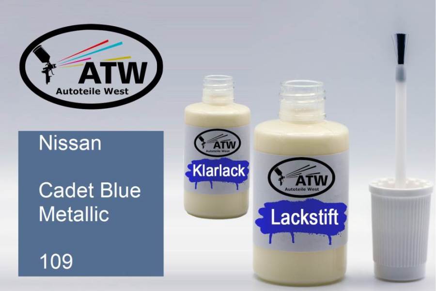 Nissan, Cadet Blue Metallic, 109: 20ml Lackstift + 20ml Klarlack - Set, von ATW Autoteile West.